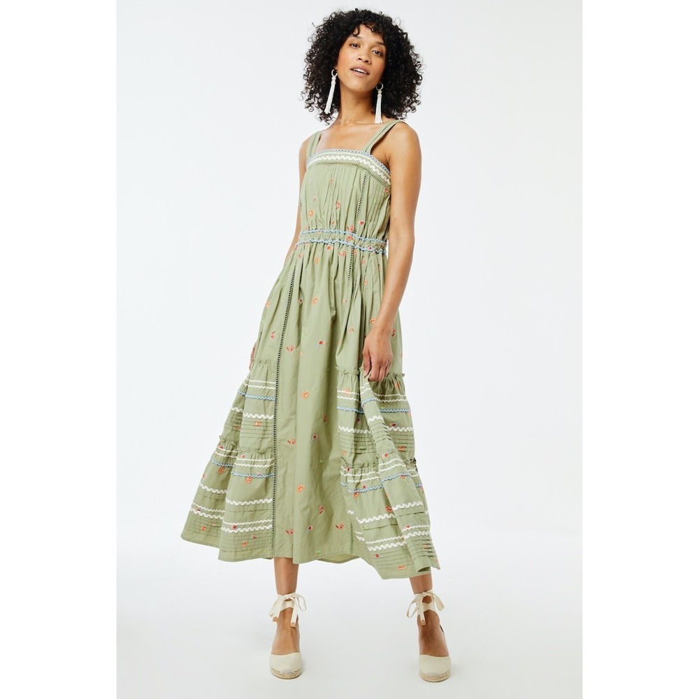 Roller Rabbit S Green Embroidered Fruit Maxi Dress Ric Rac Boho Cottagecore